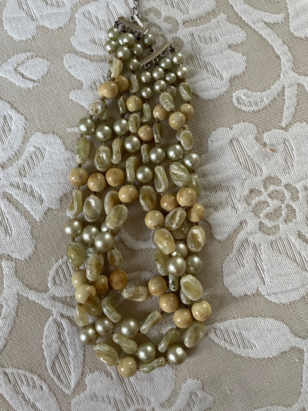 Multi-Strand Olive and Cream Beaded Necklace